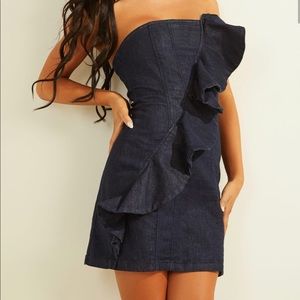 Guess Strapless Ruffle Denim Dress